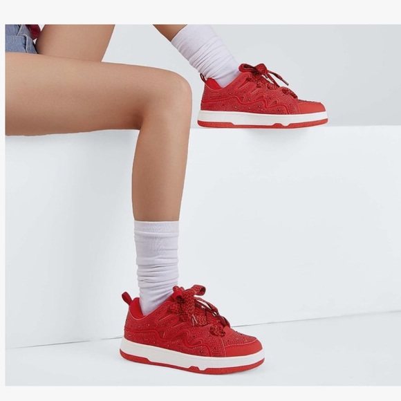 Red Rhinestone Double Lace-Up Sneakers - Picture 3 of 3